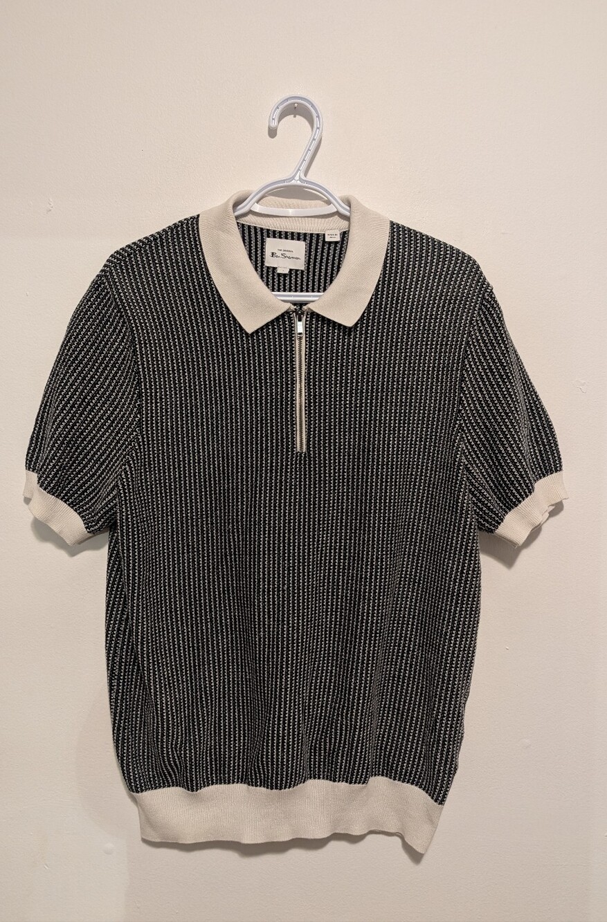 BEN SHERMAN 100% Cotton Textured Knit Zip Polo Shirt Mod Retro Black Ivory 60s L